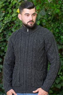 Merino Aran Knit Zipper Cardigan with Patch Pockets